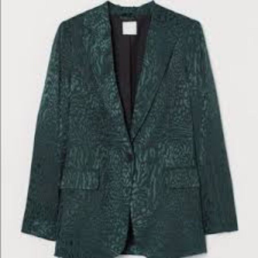 H&M Jacquard Leopard Patterned Green Blazer Jacket - Size 10